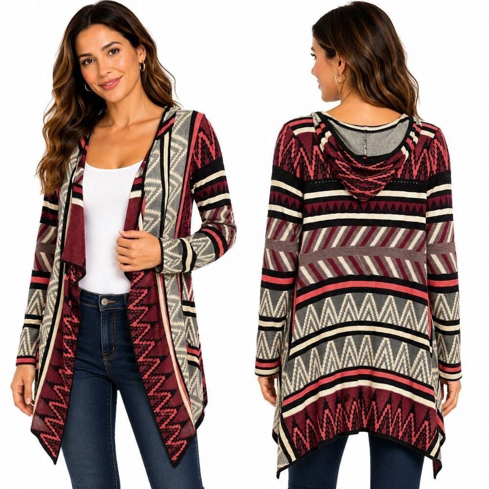 Maurices Hooded Tribal Aztec Open Cardigan Medium